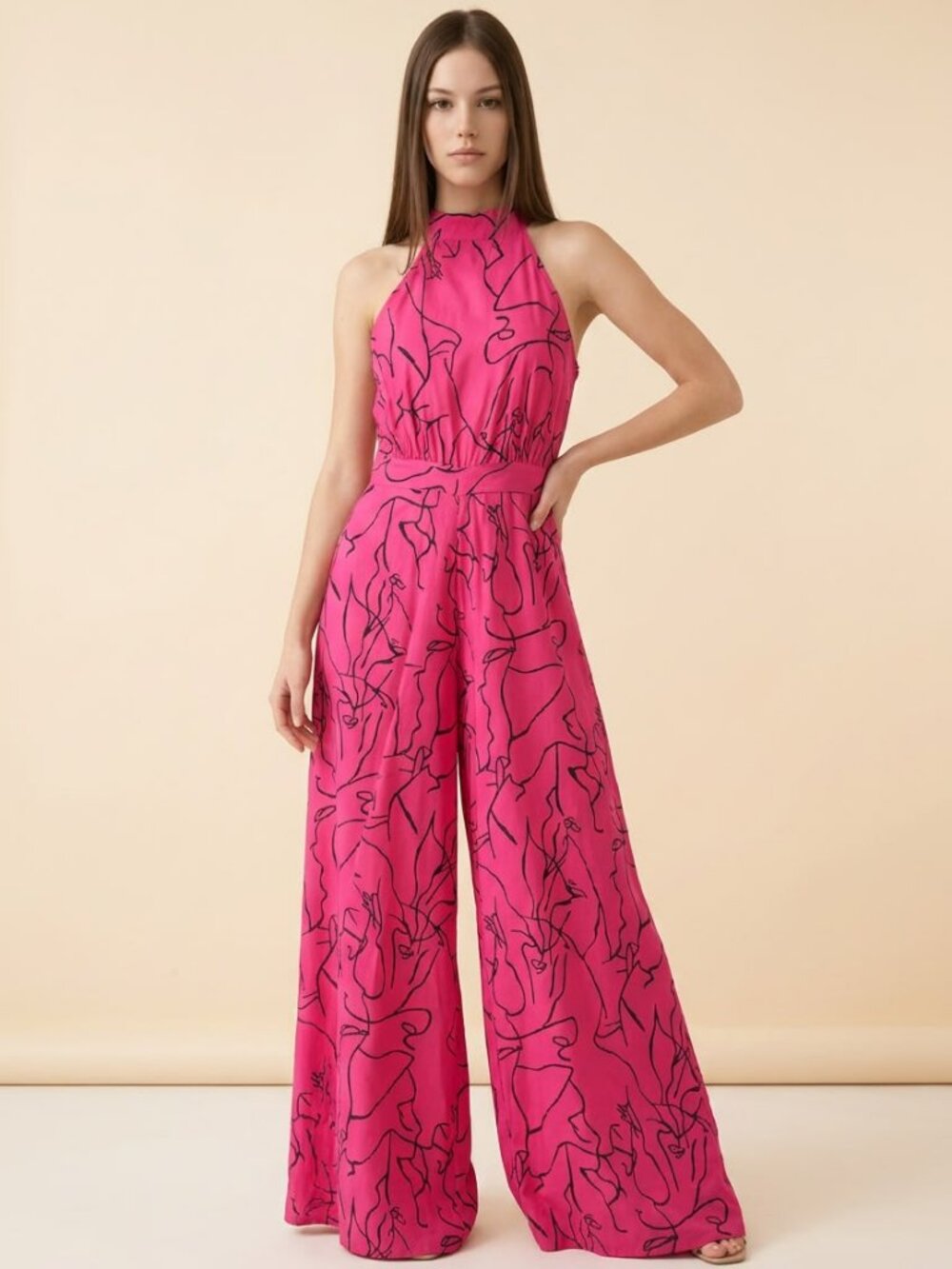Halter neck abtract print hot pink jumpsuit with pockets